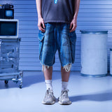 Dirty wide bermuda pants_Denim blue