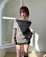 [Wool 25%] Kae Mix Damage Off-Shoulder Knit