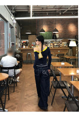 アンバランスオフショルダーブロックコアロングスリーブTシャツ
