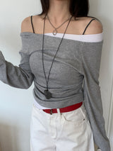 Milky Unbalance Off-Shoulder Boatneck Shirring Long Sleeve T 