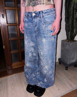 Rough Flower Embroidery Mid Wash Denim Pants