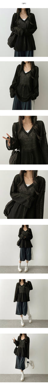 Flon Linen シースルーVネックロングスリーブTシャツ