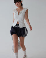 Star Patch Shirring Zip-Up Blouse