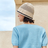 VA Top Button Knit Crochet Bucket Hat / Cream