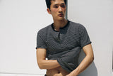 Stripe slim henley neck half t-shirts(Black)