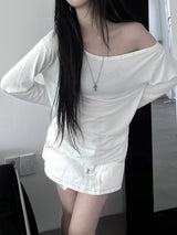 pin off-shoulder long sleeve T (2color)