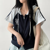 Coming Two-Way Line Coloring Short Sleeve Hooded Zip-Up