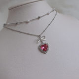 [IDLE Shuhua Necklace] ローズピンクハートプリンセスレイヤードネックレス - シルバーカラー