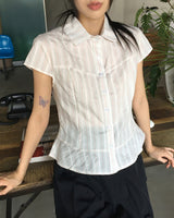 Karen Stripe Frill Short Sleeve Shirt