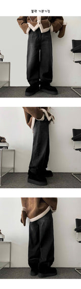 [Fleece lining]linen hem snapwashed wide denim pants-3 Tier Length