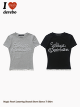 Magic Pearl Lettering Round Short Sleeve T-Shirt