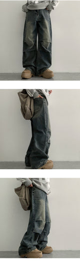 Weha knee shirring wide denim pants