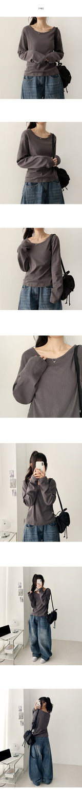 ターンオーバールーズコットンUネックプレーンロングスリーブTシャツ