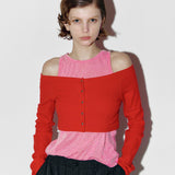 Button off crop cardigan set Red