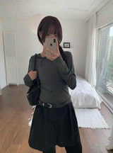 リズムダイアゴナルアンバランスボタンフード長袖Tシャツ