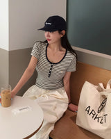 [MADE] Wow, ストライプUネック半袖Tシャツ