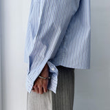 Striped Refreshing Textured Single Pocket Boxy Long Sleeve Shirt