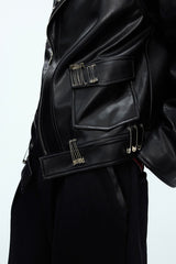 Pin Detail Geisha Print Leather Jacket