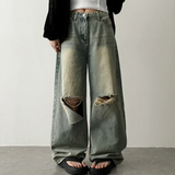 Andy Knee Damage Cutting Deep Washed Denim Wide Pants