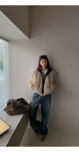 Eyes Hooded Layered Fur Zip-Up Jacket