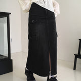 Wooden cargo front-slit washed denim long skirt