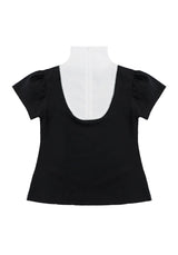 レースジップカラー半袖パフTシャツ(black)