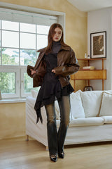 PAMELA LEATHER BOMBER JACKET / BROWN