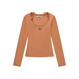 Brown Gray Slim Fit Nylon Spandex Long Sleeve Casual Top for Women, Stretchy Fitted Everyday Shirt