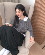 Round collar striped frill T-shirt