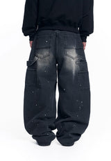 Curved Double Knee Denim Pants - Black