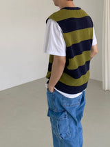 Stripe round neck knit vest 2C