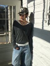 Deep V-neck see-through knit (6c)
