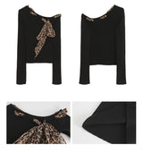 Leopard scarf unbalanced off-shoulder knitwear