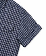 シアーケールロールアップチェッククロップド半袖シャツ - ネイビー