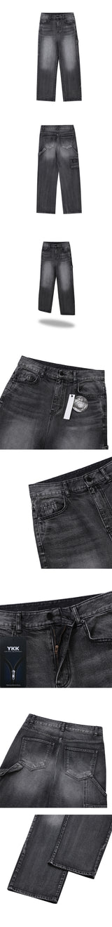 [S-XL] All brush carpender patch denim pants