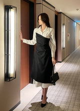 Sene color matching shirring drape shirt long one piece
