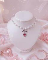 [ジェニーパーク Necklace] ローズピンクハートアンドリボン パールチョーカーネックレス
