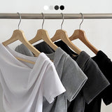ロミー スリムフィット ドレープ シャーリング ワンショルダー 半袖Tシャツブラウス 4カラー