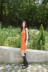 orange deep V-neck halter neck mini dress