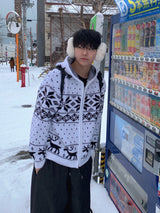 Snowflake Nordic wool knit hooded zip-up