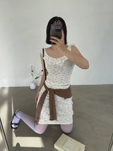 ソフト フラワー フリル トップ アンド ミディスカート セット (IVORY, BROWN 2COLORS!)