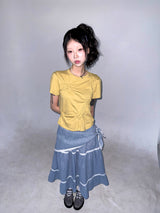 (2color) Scarf Slub Stripe Lace Tiered Skirt