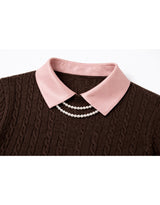 Elodie Pearl Collar Cable Short Sleeve Knit Top Brown