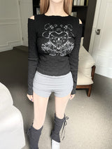  Heart printing shoulder cut-out T (2color)