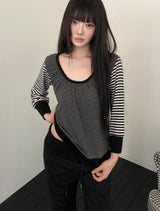 Minami Striped U-Neck 9-Sleeve T-Shirt