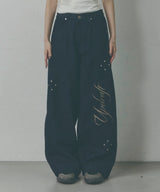 Side Pintuck Rivet Wide Denim Pants [Washed Blue]