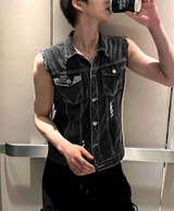 Black Wash Distressed Denim Vest