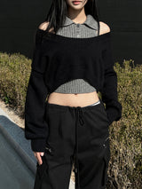 Halter collar sleeveless & long sleeve cropped knit two-piece set (2 colors)