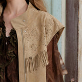 Camel Western Fringe Laser-Punched Suede Crop Vest