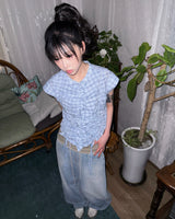 (2color) Ruffle Shirring Check Cap Blouse